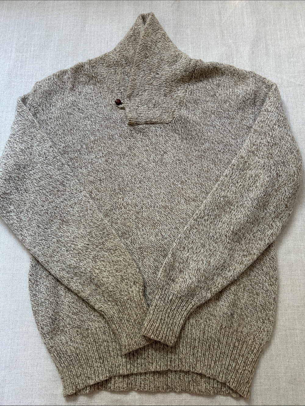 Vintage L.L. Bean Men's Wool Sweater XL Tan Shawl Collar Single Button Fisherman
